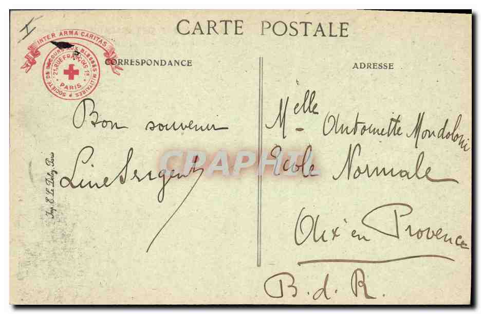 CPA Militaria Le Mont des Oiseaux pres Hyeres Societe de Secours aux Blesses Militaires  — Rückseite