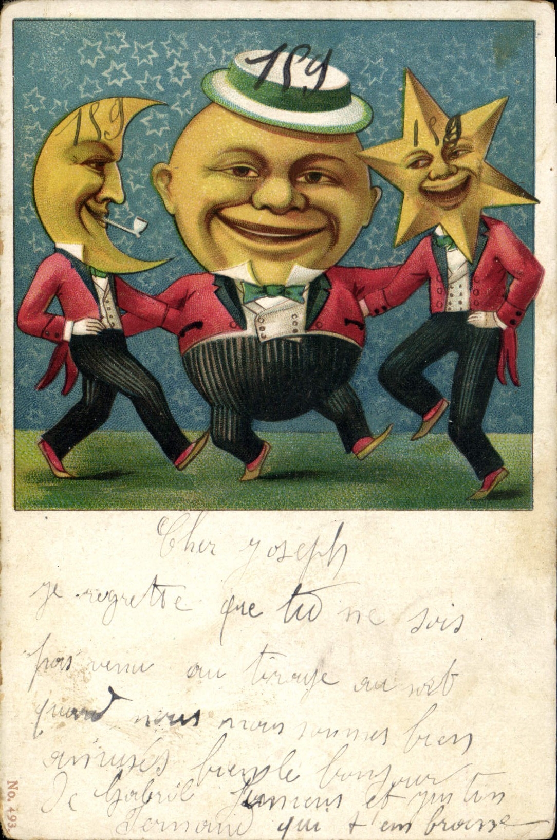 Sujet : Trois personnages caricaturés (lune, soleil, étoile) — éditeur : CPAPHIL, n° 499