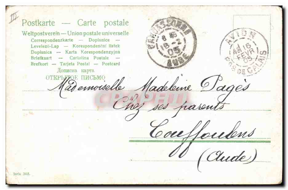 Femme avec plusieurs bébés dans un landau — scène de rue — éditeur Posties, série 348 — Rückseite