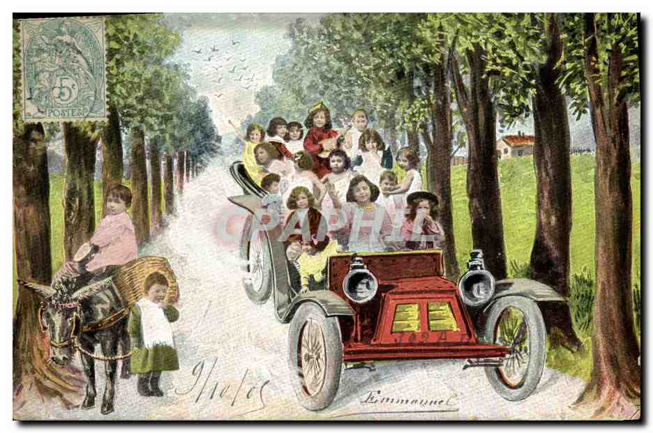 CPA Fantaisie Enfant Bebe Automobile ane mule