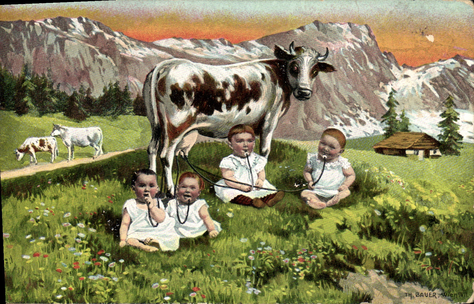 CPA Fantaisie Enfant Bebe Vache