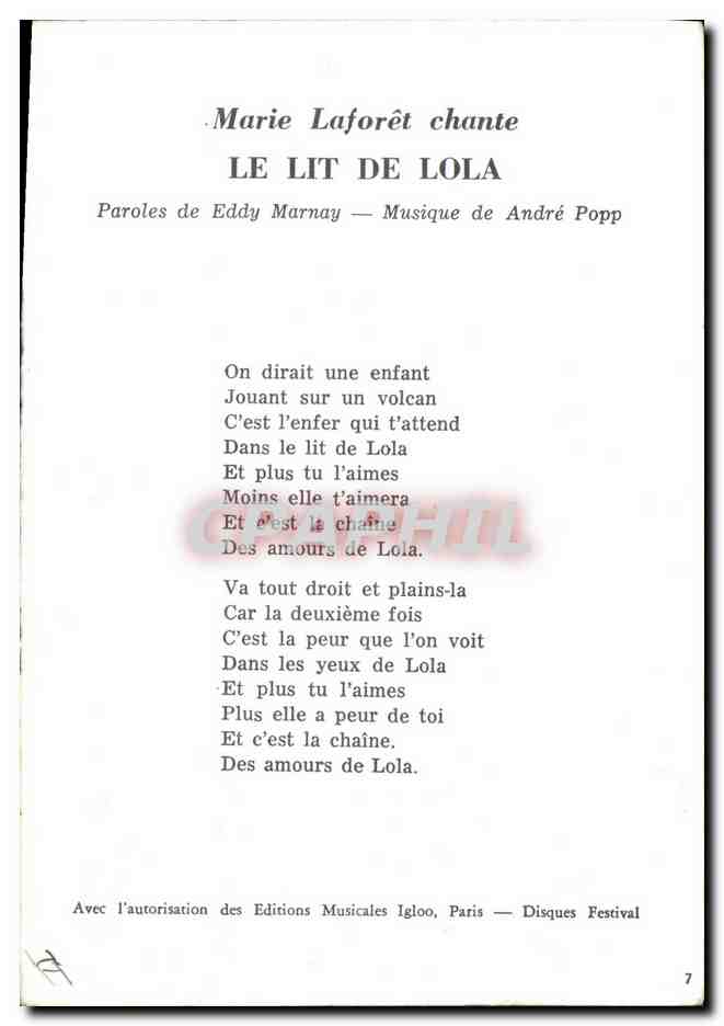 CPM Marie Laforet chante Le Lit de Lola  — Rückseite