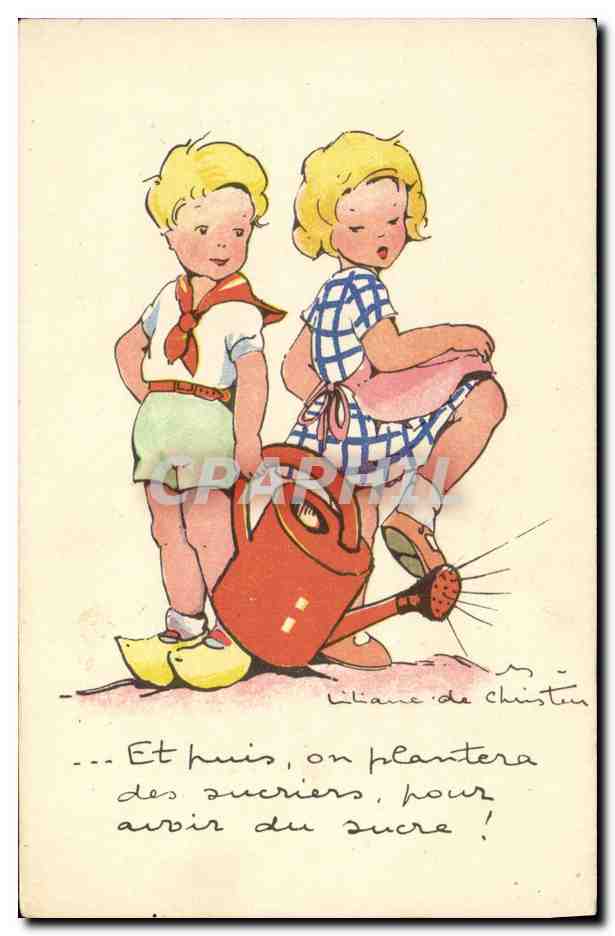 Deux enfants avec arrosoir — illustration de Liliane de Christen — Édition Bellecour, Lyon