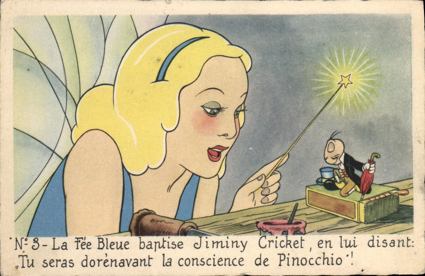 CPA Fantaisie Illustrateur Walt Disney Pinocchio La fee fleur Jiminy Cricket 