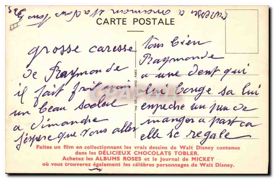 CPA Fantaisie Illustrateur Walt Disney Tobler  — Rückseite