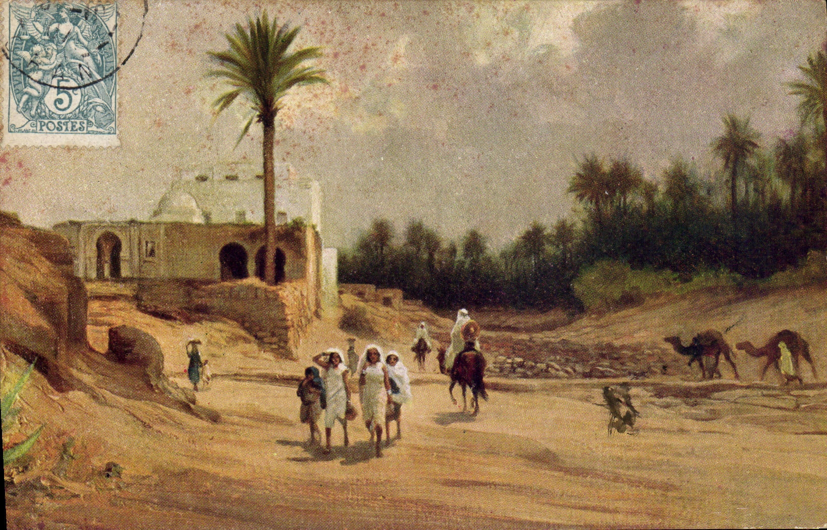 CPA Fantaisie Orientalisme Oasis avec foret de dattiers
