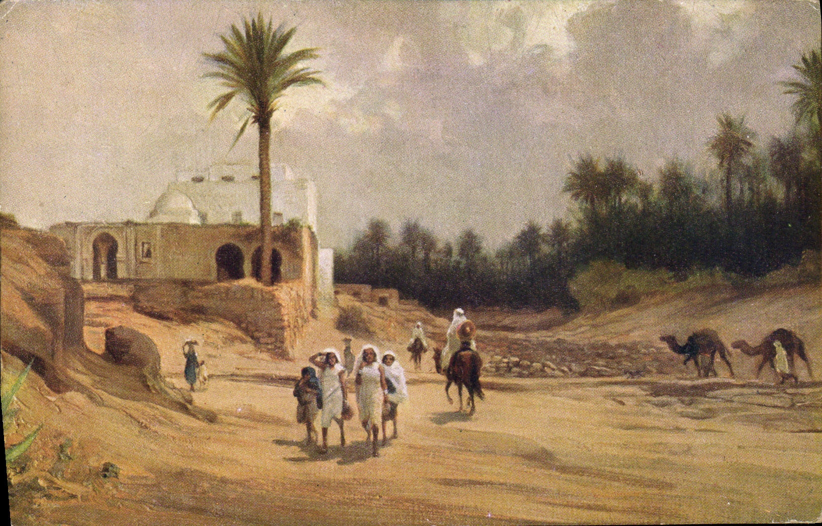 CPA Fantaisie Orientalisme Oasis avec foret de dattiers