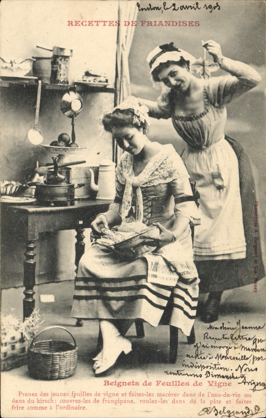 Deux femmes en cuisine — Recettes de friandises — Phototypie A. Bergeret & Cie, Manay