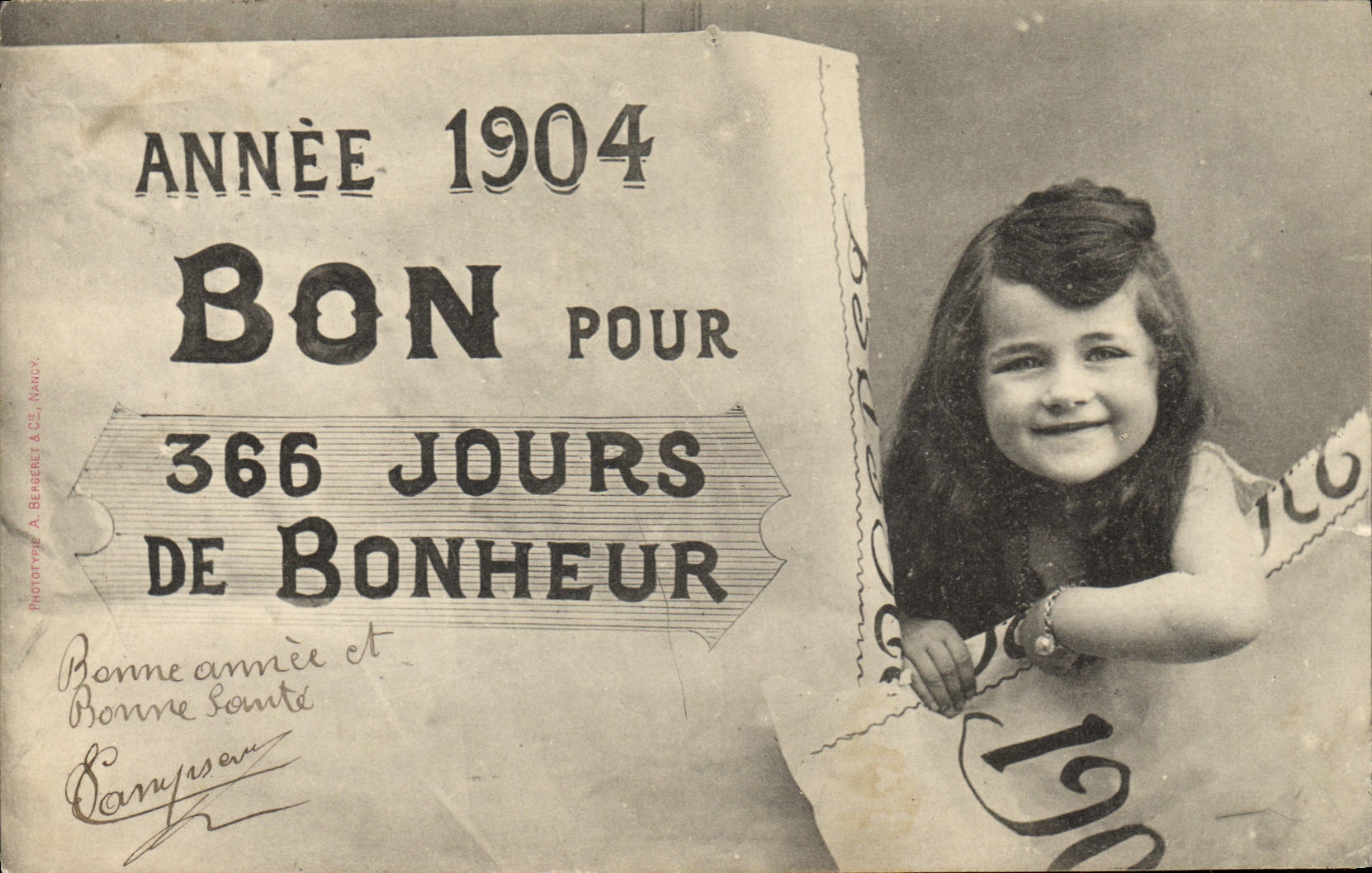 Bonne année 1904 — Bon pour 366 jours de bonheur — Phototype A. Bereret & Cie, Nancy