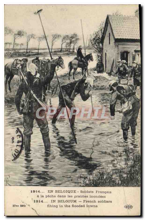 CPA Belgique Soldats francais a la peche dans les prairies inondees 