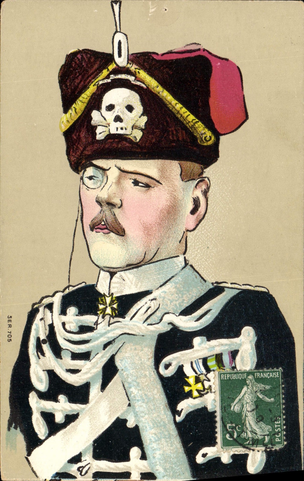 Soldat en uniforme avec crâne et os — caricature — SER.705
