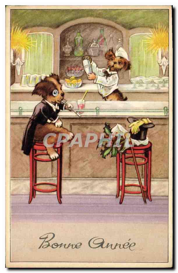Chien barman et chien client — Bonne Année — éditeur non visible