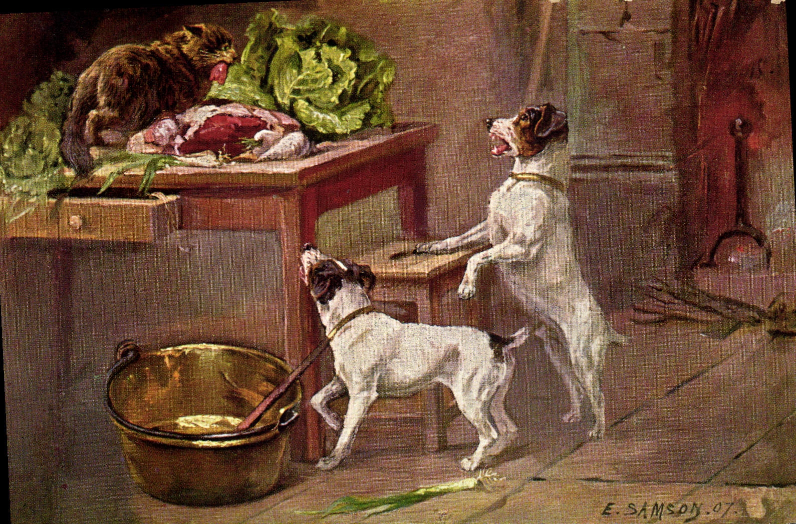 Chats et chiens devant une table de cuisine — E. Samson 07 — édition Peluba
