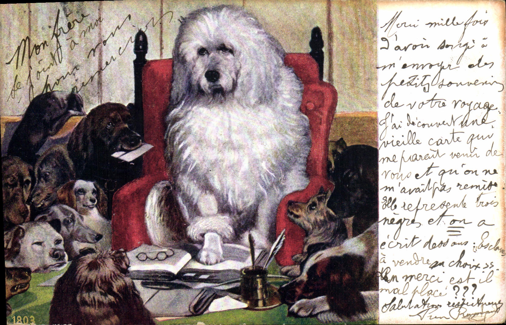 Chien blanc assis dans un fauteuil rouge — entouré de chiens — éditeur inconnu, n° de série 1803