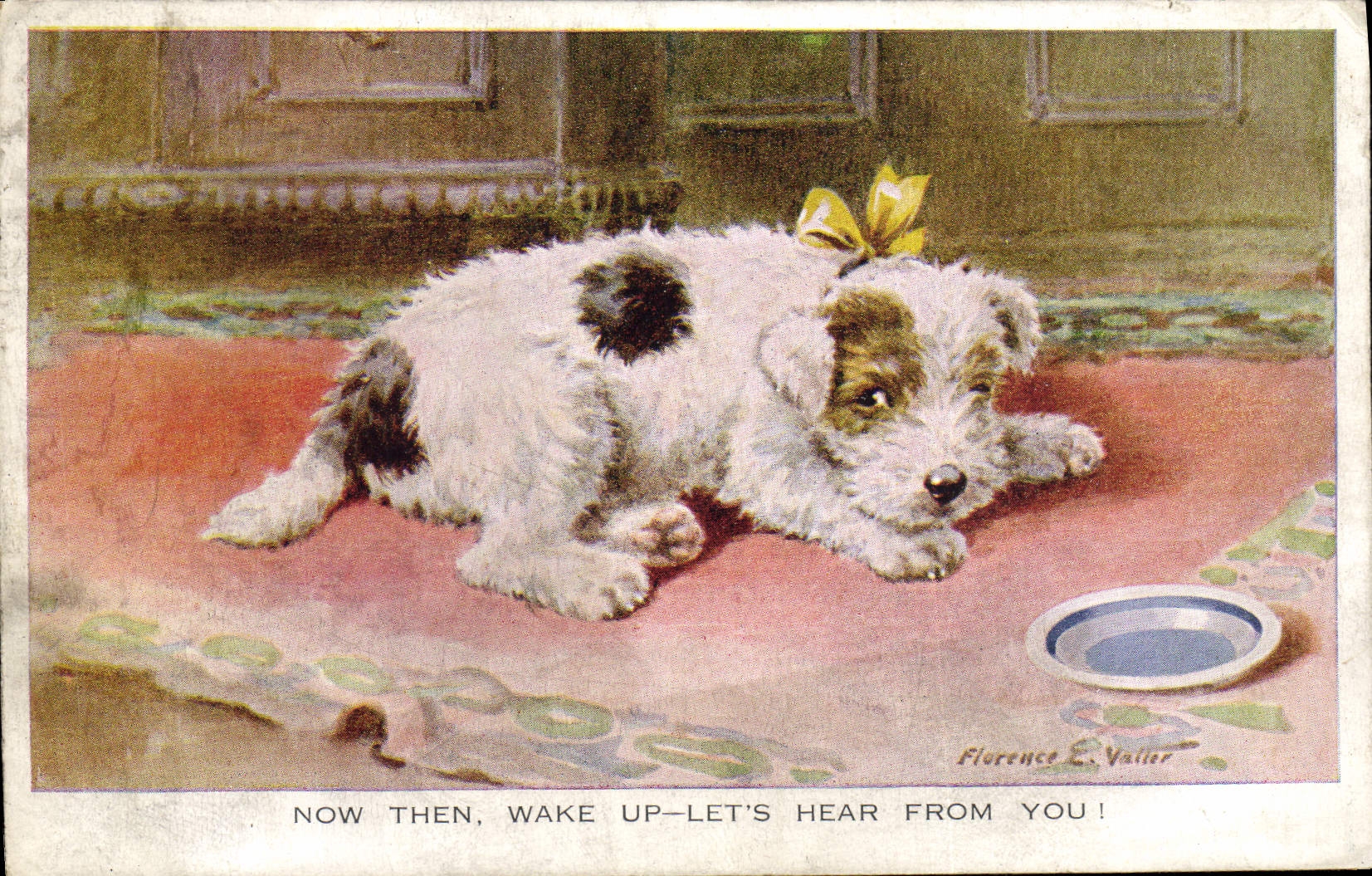 Chien jouet avec ruban jaune — Florence E. Vallier — carte postale Valentine
