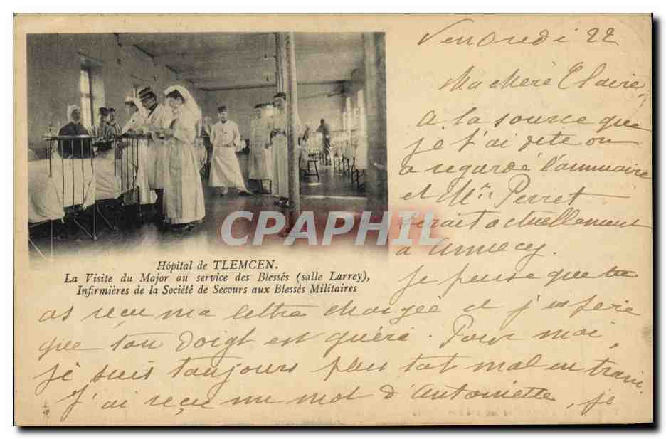 Hôpital de Tlemcen — Visite du Major au service des Blessés (salle Larrey) — Société de Secours aux Blessés Militaires