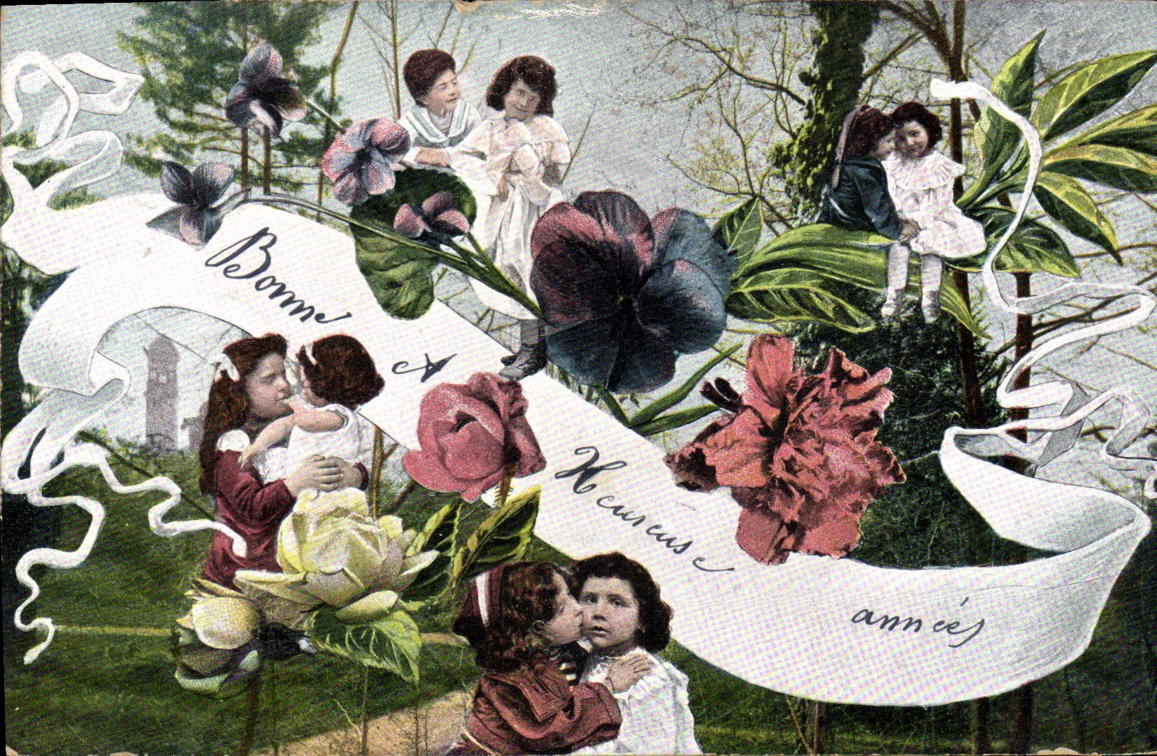 Enfants jouant dans un jardin — Bonne année — Éditeur I. Ellor, série 400