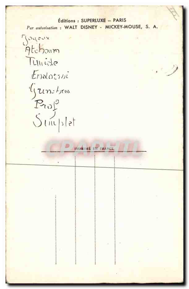 CPA Fantaisie Walt Disney Blanche Neige et les sept nains — Verso