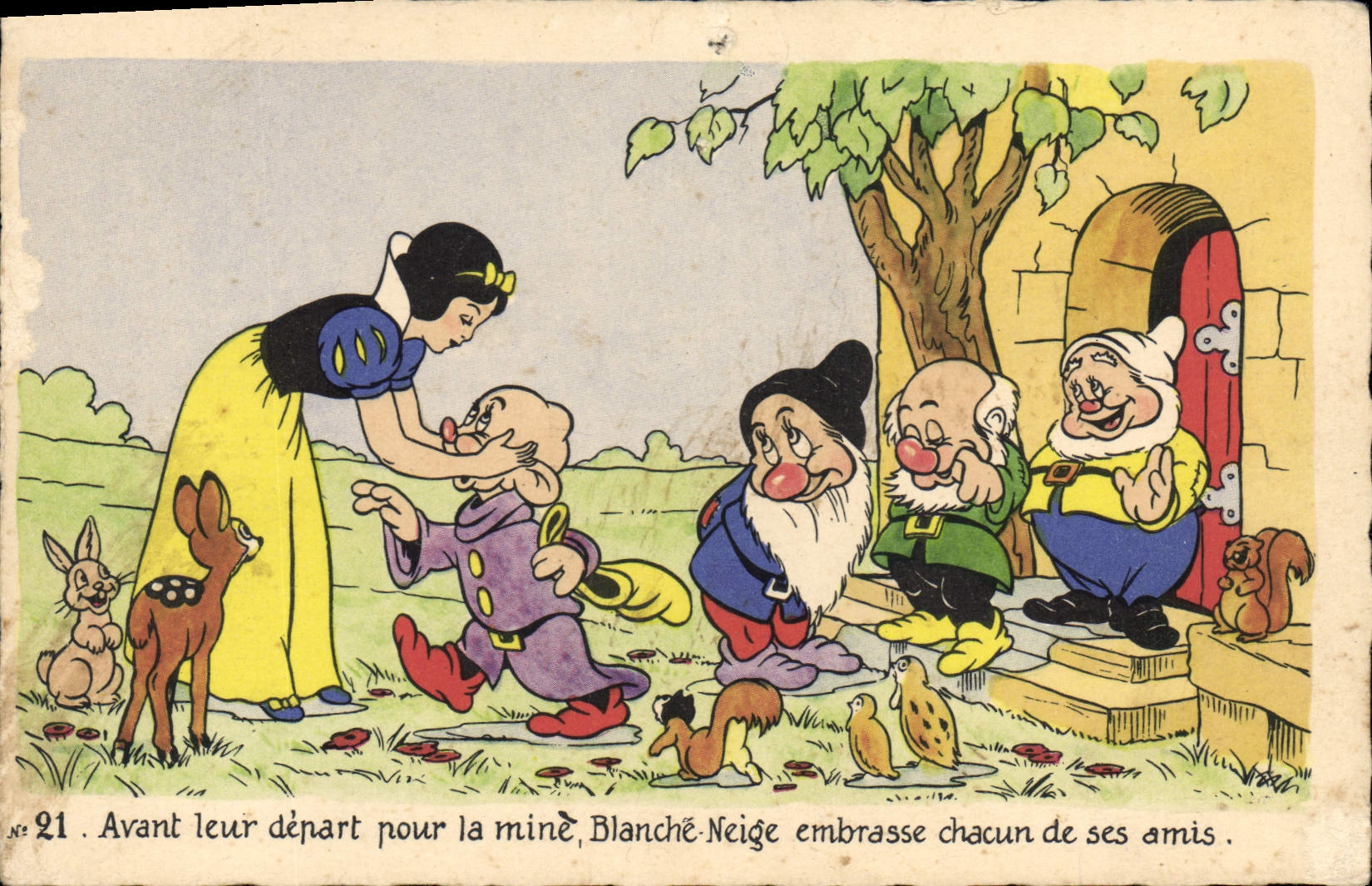 Blanche-Neige et les Sept Nains — Avant leur départ pour la mine, Blanche-Neige embrasse chacun de ses amis — Éditions E. Séphériadès, n°21