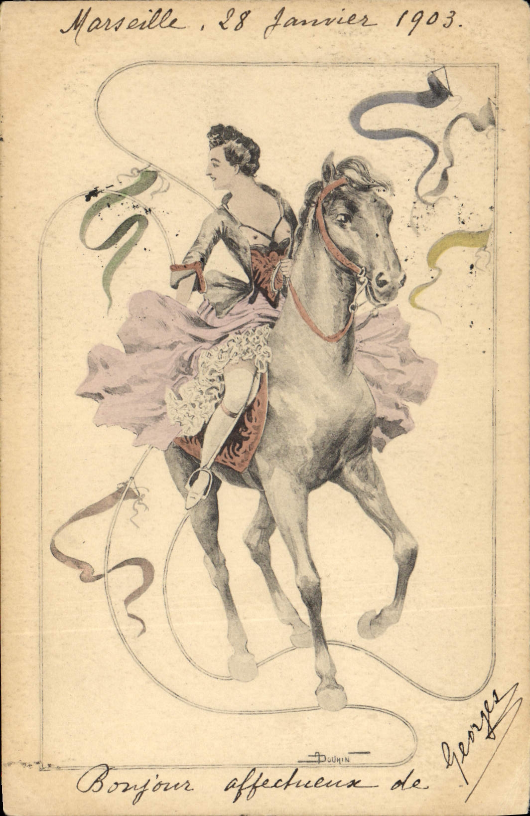 Femme à cheval — scène de carnaval — éditeur Douhin, n° de série non visible