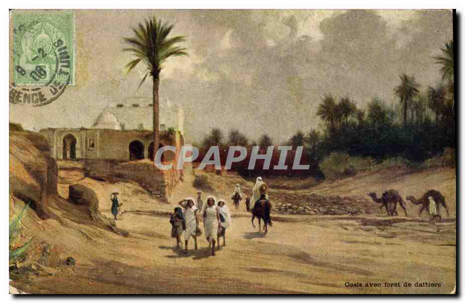 CPA Fantaisie Orientalisme Oasis avec foret de dattiers