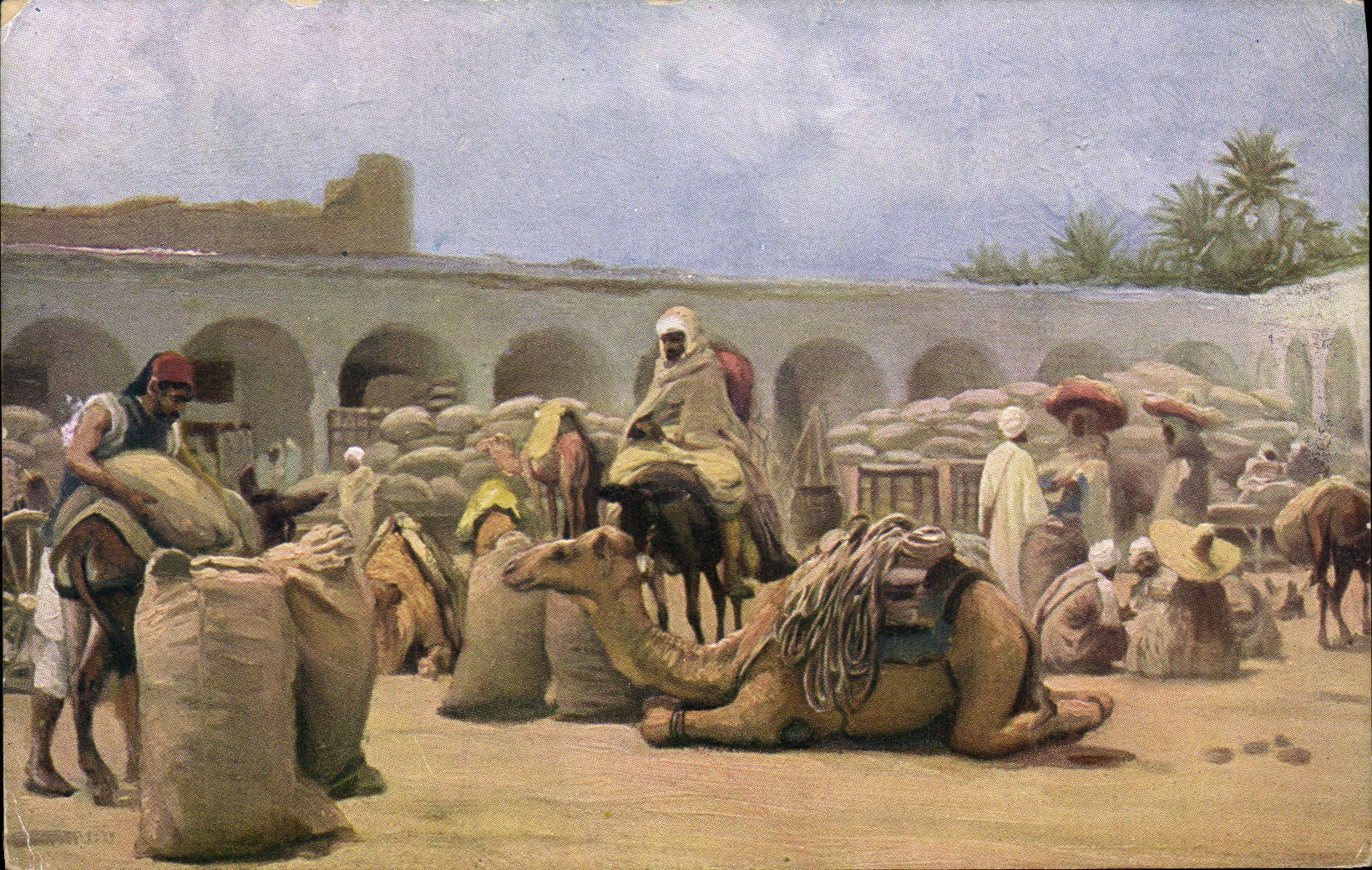 CPA Fantaisie Orientalisme Caravanserai Chameau