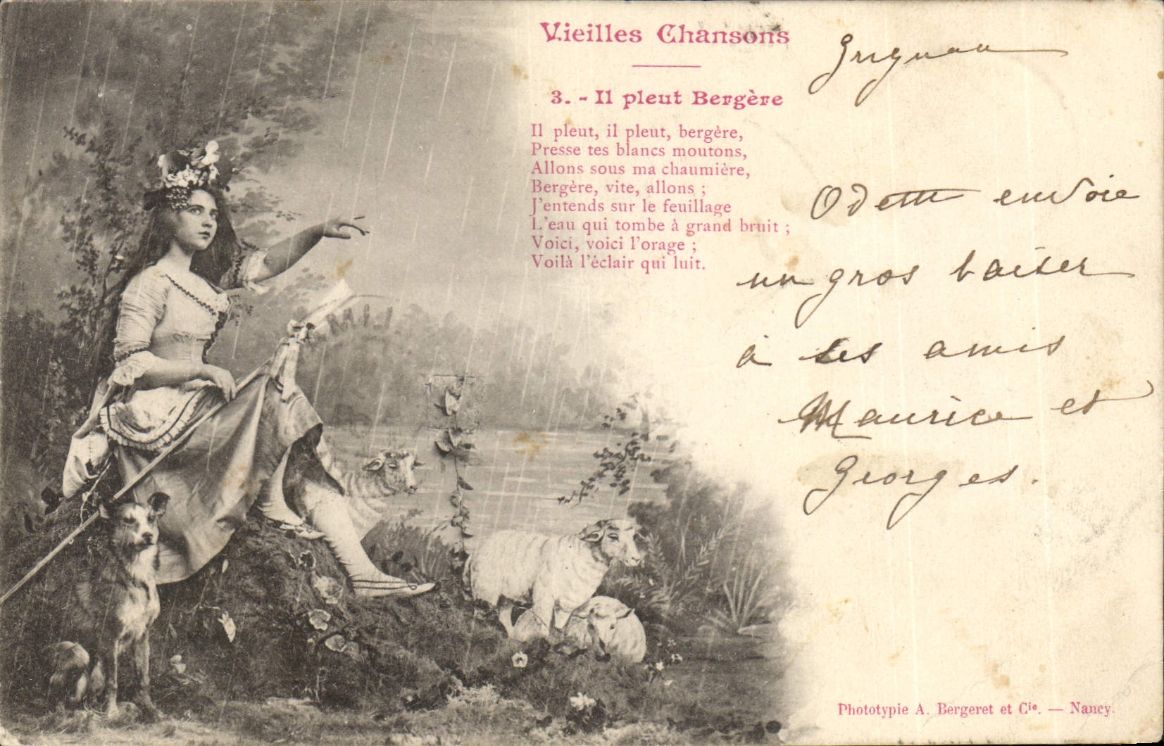 Bergère bajo la lluvia — Viejas Canciones — Fototipia A. Bergeret y Cie — Nancy