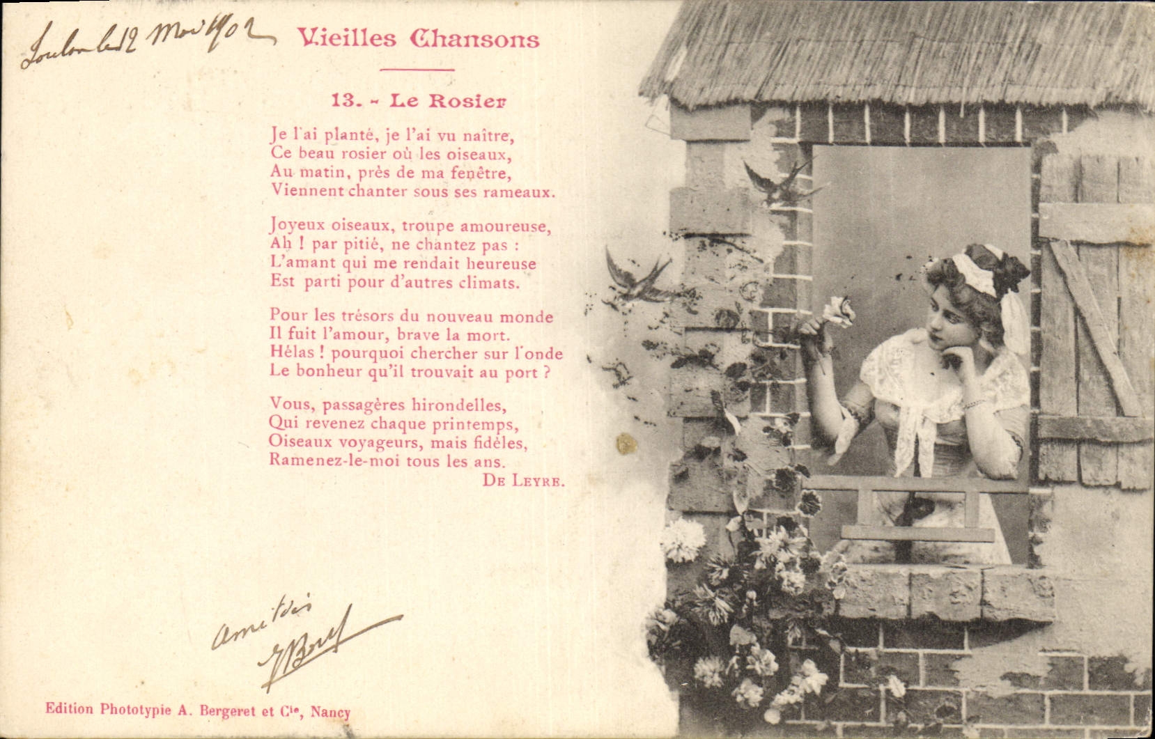 Vieilles Chansons — 13. Le Rosier — Edition Phototypie A. Bergeret et Cie, Nancy
