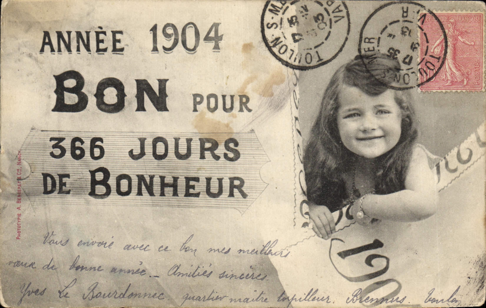 Félicitations pour l'année 1904 — Bon pour 366 jours de bonheur — Phototype A. Benerette, Côte d'Azur