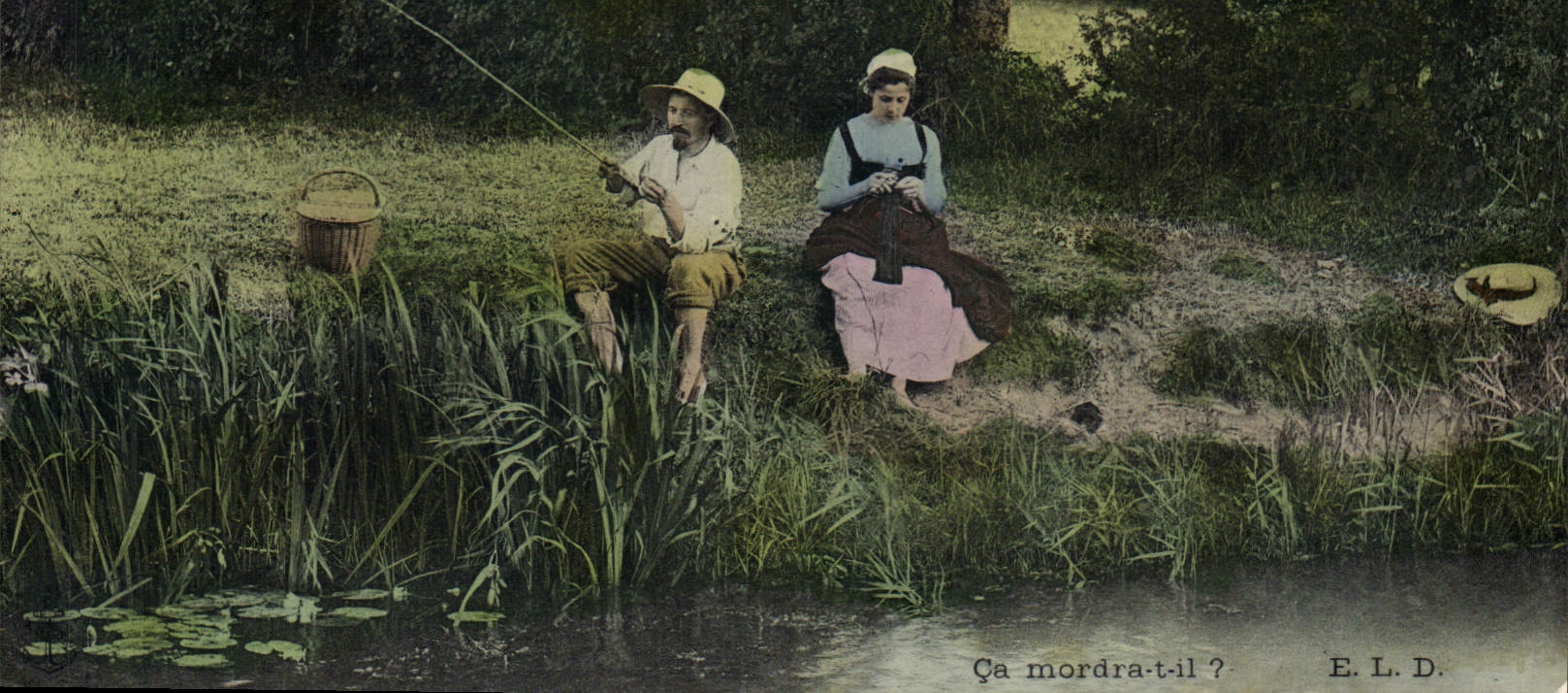 Pêcheur et femme au bord d'un étang — E.L.D.