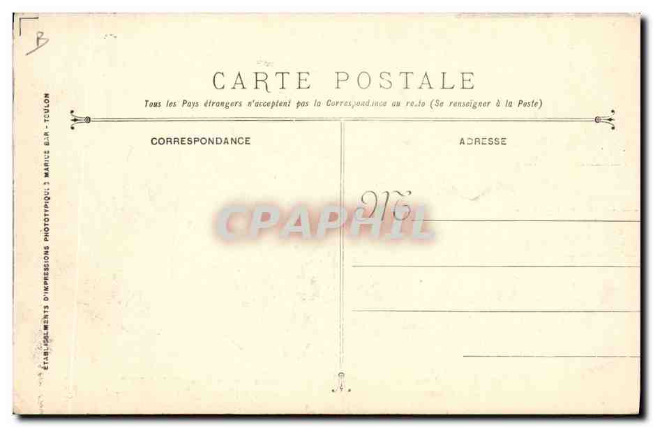 Funérailles des victimes de l'Explosion du Cuirassé LIBERTE — Arsenal de Terre — Éditeur : Établissements d'Impressions Phototypique MARIE B.A.R. - TOLON — Verso