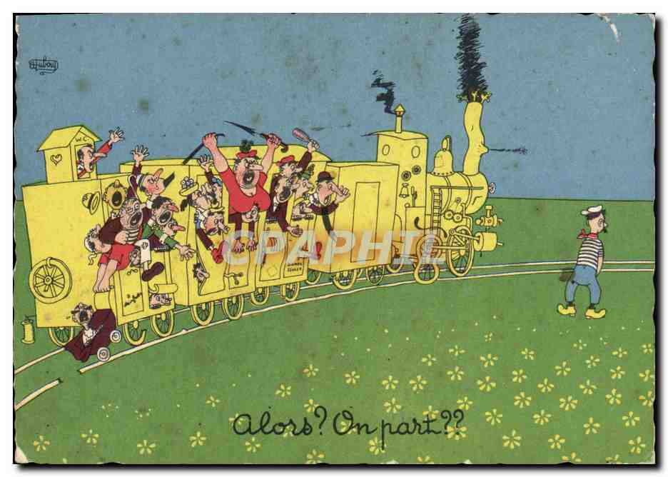 Poisson d'Avril — Carte humoristique avec train jaune — A. Dubout, n°22 A