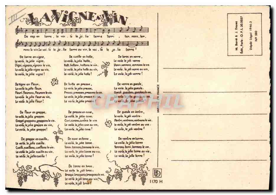 CPM Folklore La vigne au vin  — Verso