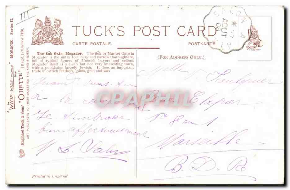 Le Berguecher Porte — Le Sok Gate, Mogador — Tuck's Post Card, seria II — Rewers