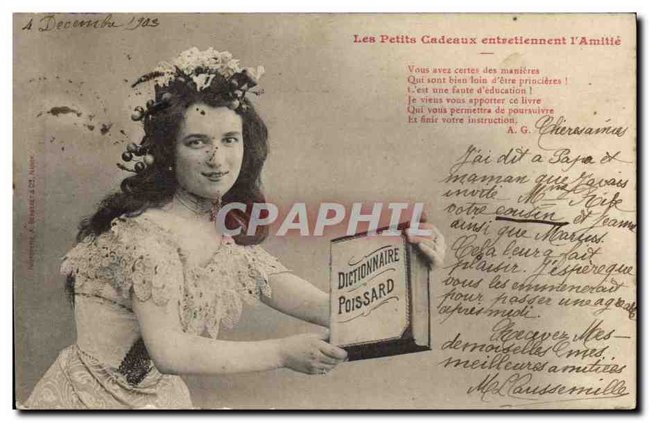 Jeune femme offrant un dictionnaire — texte imprimé et message manuscrit — éditeur A. G. Cheronianus, n° de série non visible