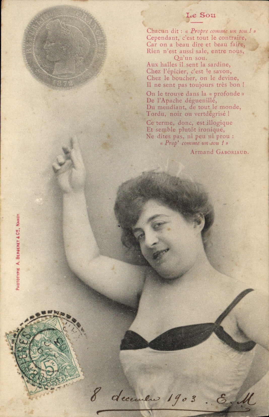 Femme en maillot de bain — poème sur le sou — Phototype A. Berberet & Cie, Nancy