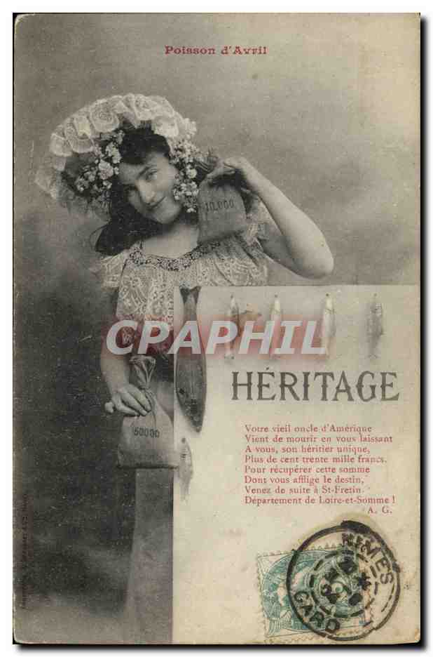 CPA Fantaisie Femme Heritage Poisson d'Avril 