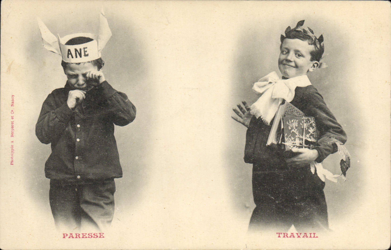 Paresse vs Travail — caricature d'enfants — Phototypie A. Begueret et Co. Nancy