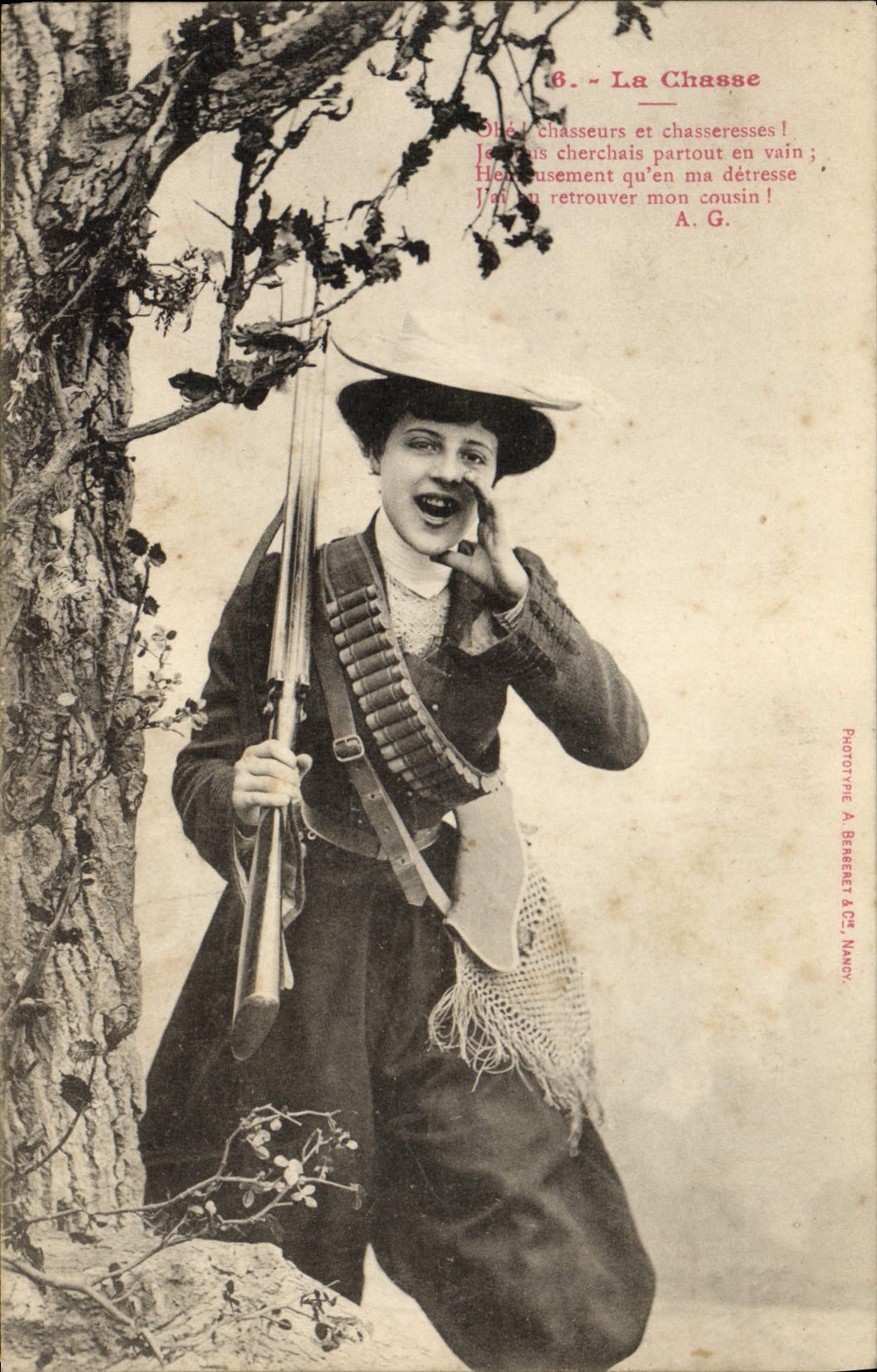 Donna in abito da cacciatore — La Caccia — Fototipo A. Benereet & Cie, Nancy