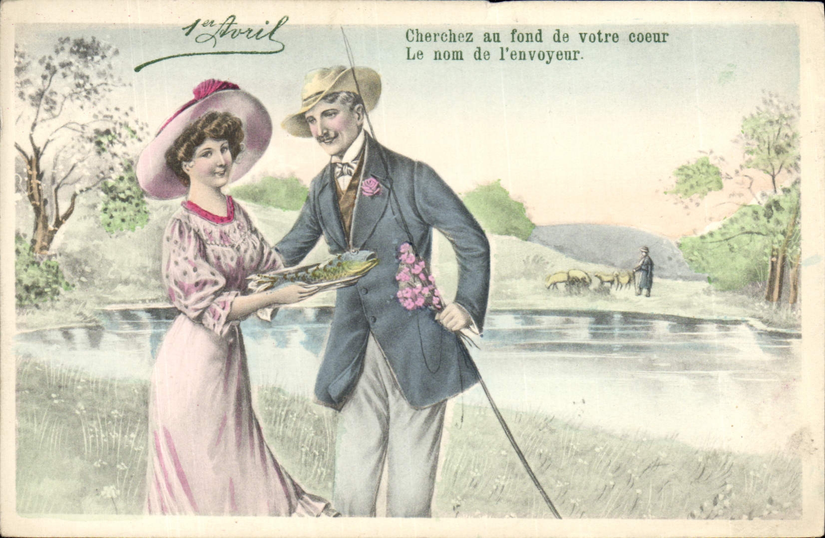 Cœurs et pêcheur — 1er Avril — V. K., Vienne 7058