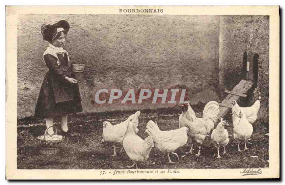 CPA Coq Poule Bourbonnais Jeune Bourbonnaise et ses poules Folklore 