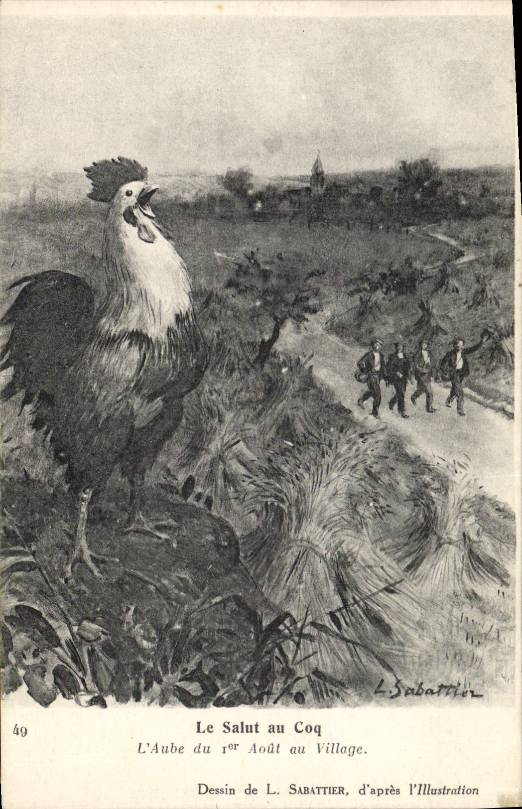 Le Salut au Coq — L'Aube du 1er Août au Village — Dessin de L. Sabattier, d'après l'Illustration