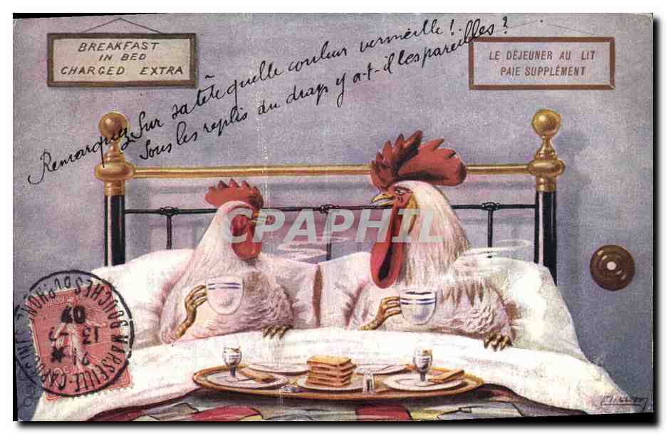 CPA Coq Poule Le dejeuner au lit 