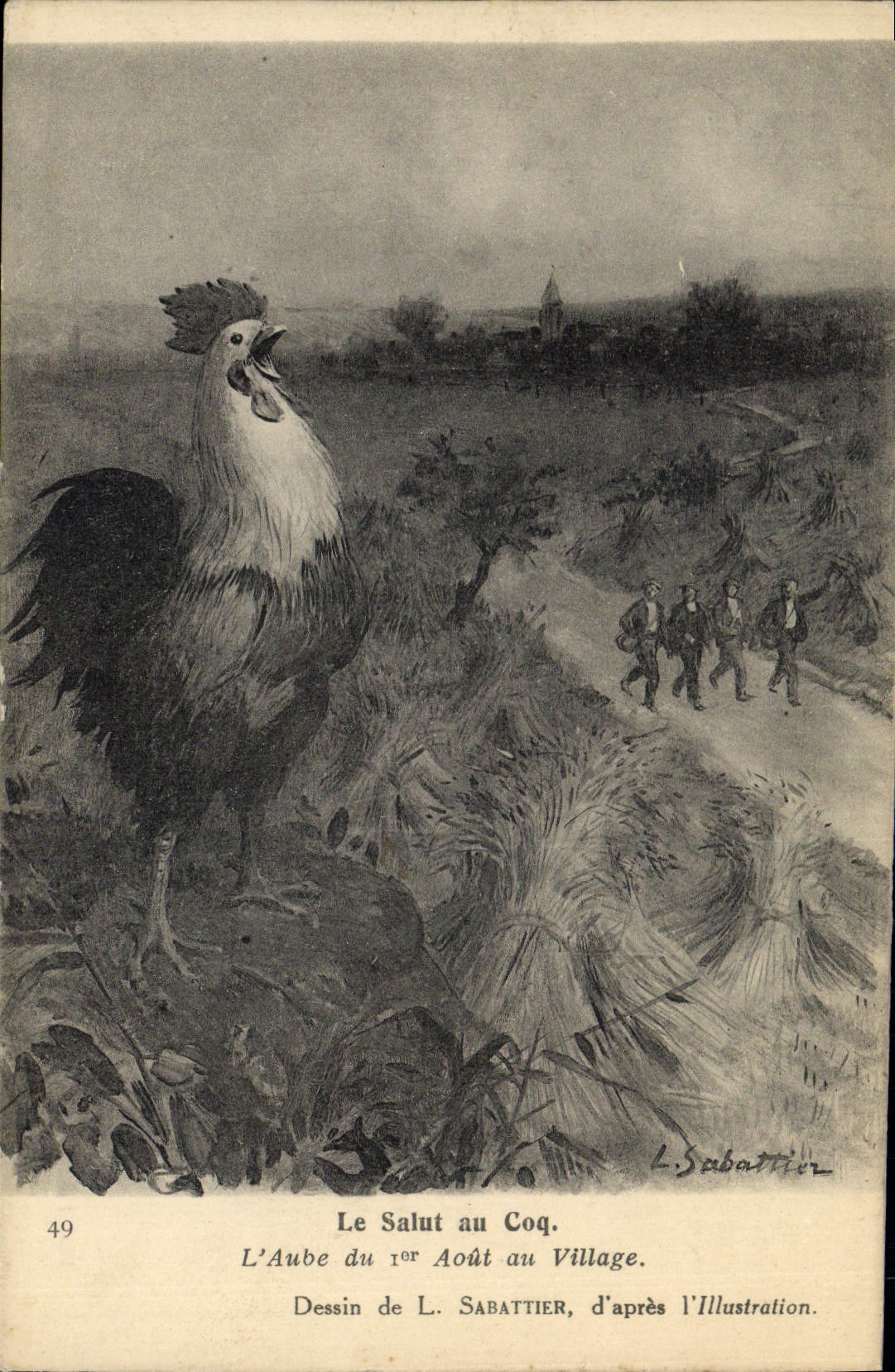 Le Salut au Coq — L'Aube du 1er Août au Village — Dessin de L. Sabattier, d'après l'Illustration