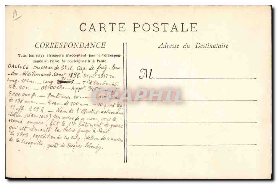 Le "GALILÉE" Croiseur de 3e classe — Phototypie G. Lacour — Marseille, n° 2612 — Verso