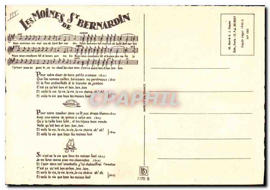 Les Moines de Sᵗ Bernardin — Chanson — Éditeur M. Bonné & J. Doyez, Paris, n° 580 — Verso