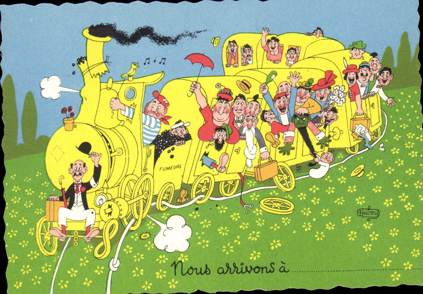 Train des Fumeurs — caricature humoristique — A. Dubout, 1957