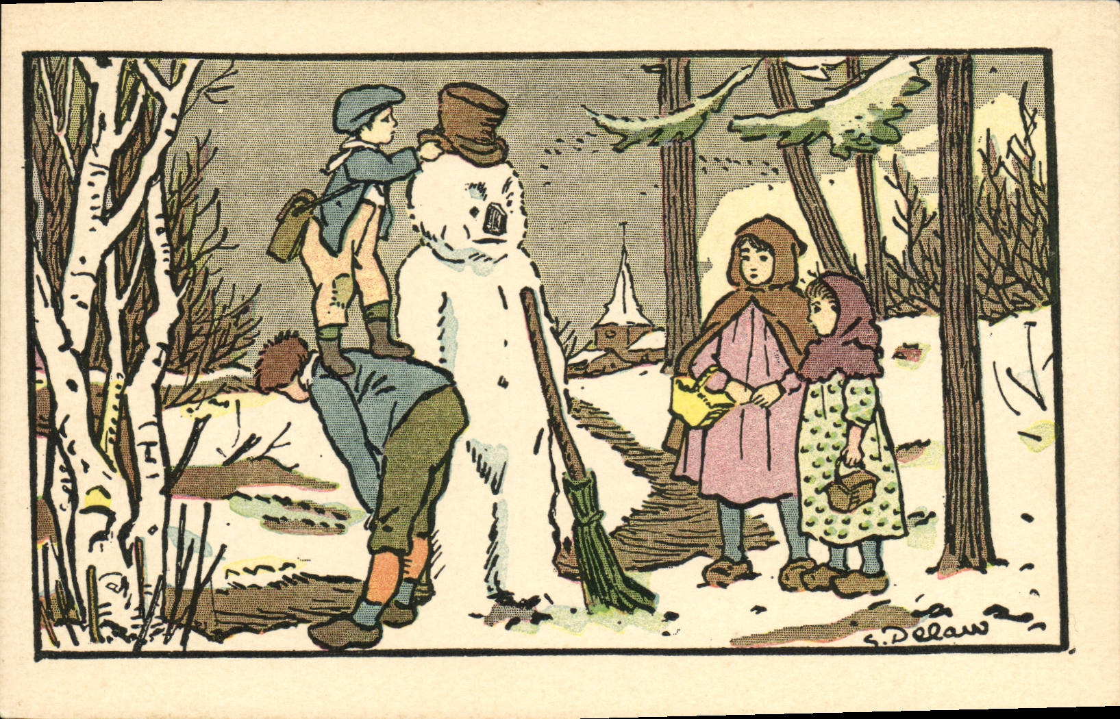 Enfants jouant avec un bonhomme de neige — S. Delaw — Librairie Larousse, Paris