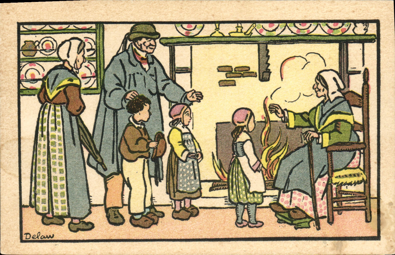 Famille réunie autour du feu — illustration de Delaw — éditeur Larousse