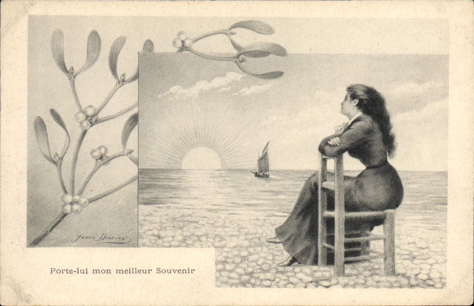 Femme au bord de la mer — soleil couchant et branche de gui — éditeur Jean Daciers, n° de série non visible